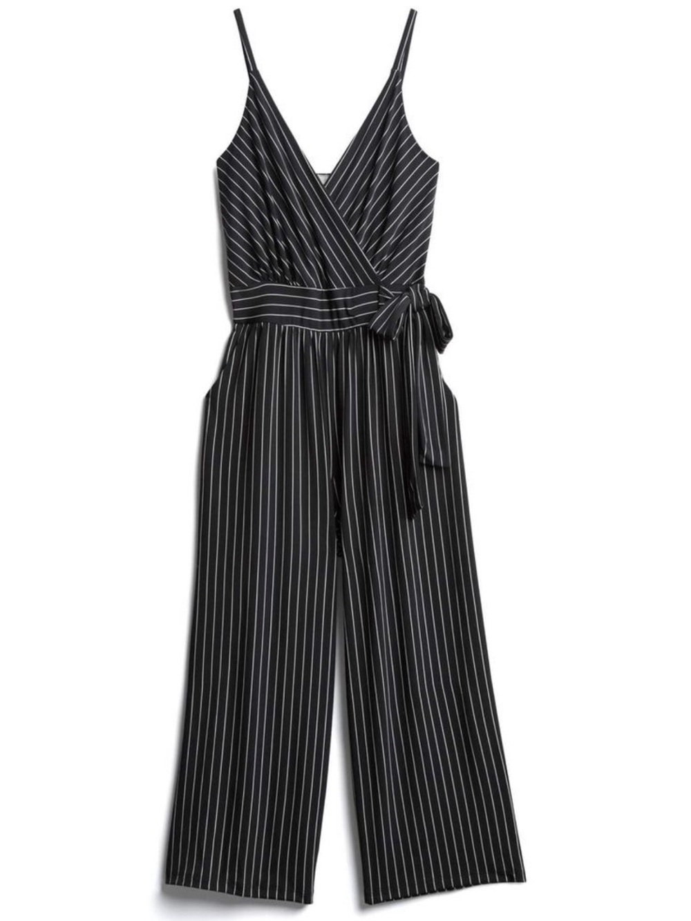Kaileigh Rica Knit Cropped Jumpsuit / Black Pinstripe Wrap Jumpsuit